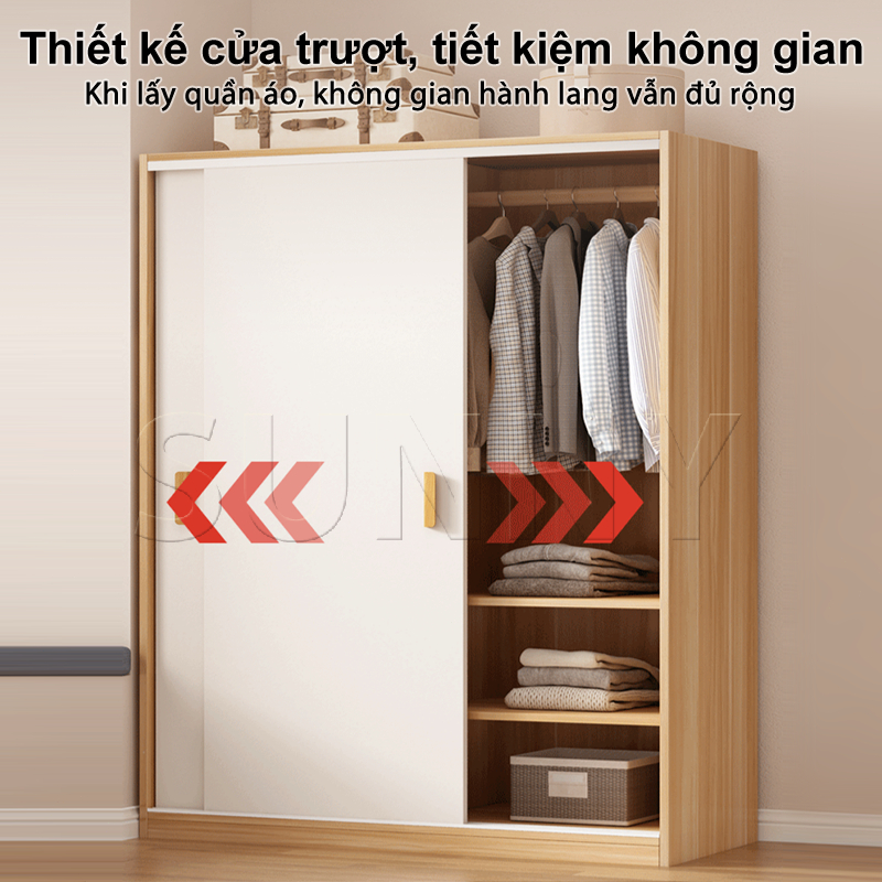 Sunny Tủ Quần Áo, Tủ Cửa Lùa, Gỗ Hiện Đại 80/100/120cm, Sâu 45cm, Hợp Phòng Ngủ Nhỏ