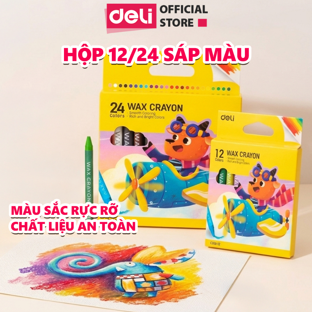 Bút Sáp Màu Deli 12/24 Màu Tươi Sáng, Màu Sáp Mịn, An Toàn Cho Bé Tô Màu, Học Tập Mỹ Thuật