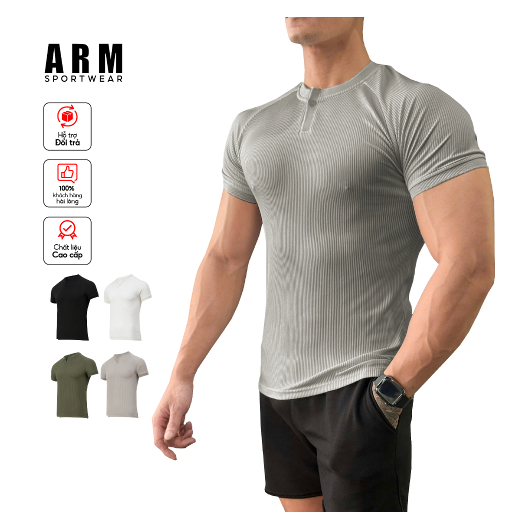 Áo Thun Thể Thao Nam Cổ Khuy ARM Chất Thun Gân Tăm Co Giãn, Áo Thun Nam Form Ôm Body tập gym