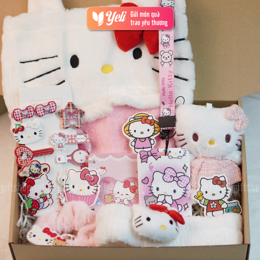 Set Quà Túi Xách Hello Kitty, Set quà túi nhung Hello Kitty tặng bé gái. người thân, người yêu, hộp quà tặng Hello Kitty