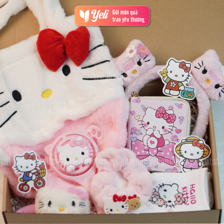 Set Quà Túi Xách Hello Kitty, Set quà túi nhung Hello Kitty tặng bé gái. người thân, người yêu, hộp quà tặng Hello Kitty
