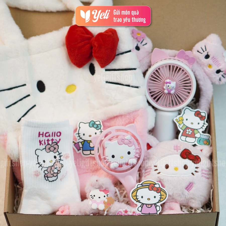Set Quà Túi Xách Hello Kitty, Set quà túi nhung Hello Kitty tặng bé gái. người thân, người yêu, hộp quà tặng Hello Kitty