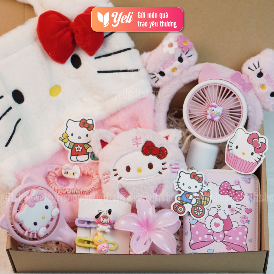 Set Quà Túi Xách Hello Kitty, Set quà túi nhung Hello Kitty tặng bé gái. người thân, người yêu, hộp quà tặng Hello Kitty