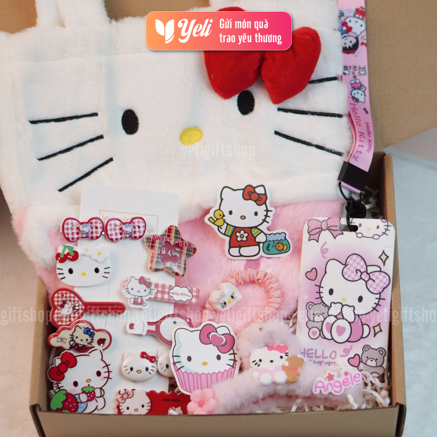 Set Quà Túi Xách Hello Kitty, Set quà túi nhung Hello Kitty tặng bé gái. người thân, người yêu, hộp quà tặng Hello Kitty