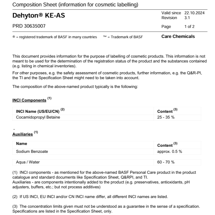 Nguyên liệu Dehytol KE-AS / CAB (INCI: Cocamidopropyl Betaine) hàng BASF