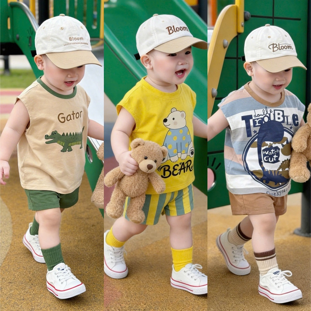 Bộ quần áo tanktop hoạ tiết  GẤU, CÁ SẤU, KHỦNG LONG  đáng yêu, chất vải cotton mềm mịn ,  co dãn,thấm hút mồ hôi cho bé