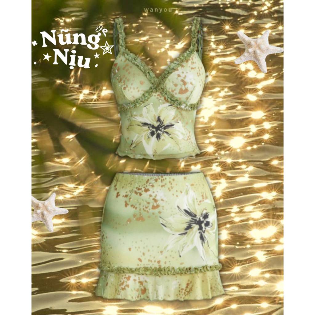 [ORDER 7-10 NGÀY] Set Đi Biển 2 Món Mùa Hè Xanh Lá Họa Tiết - "Đảo"