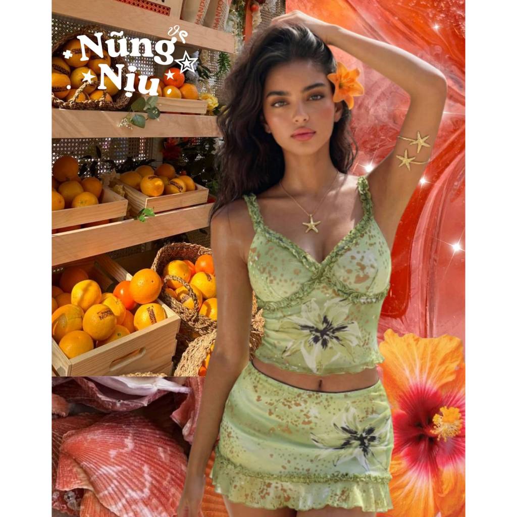 [ORDER 7-10 NGÀY] Set Đi Biển 2 Món Mùa Hè Xanh Lá Họa Tiết - "Đảo"