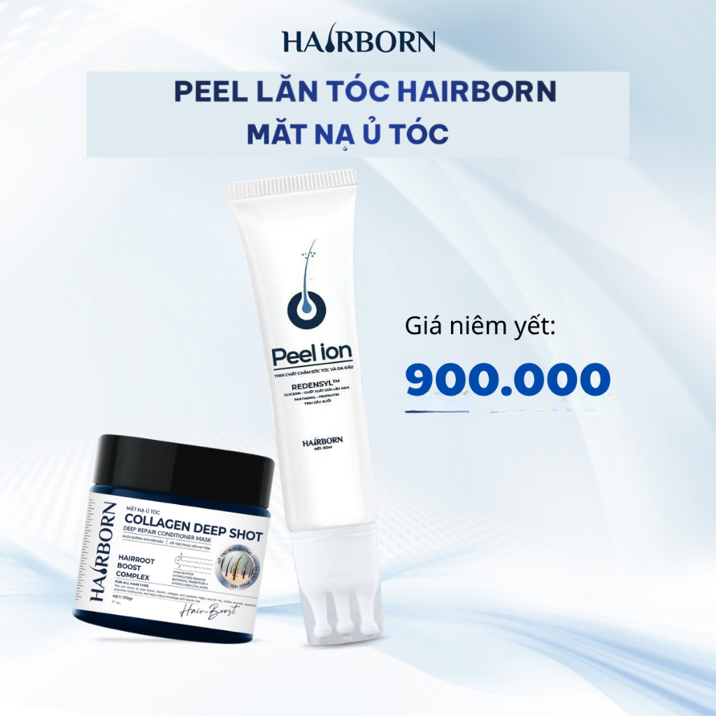 Combo Peel lăn Ion Hairborn 60g và Kem ủ tóc Collagen Hairborn 170g, hỗ trợ giảm rụng và dưỡng tóc suôn mượt