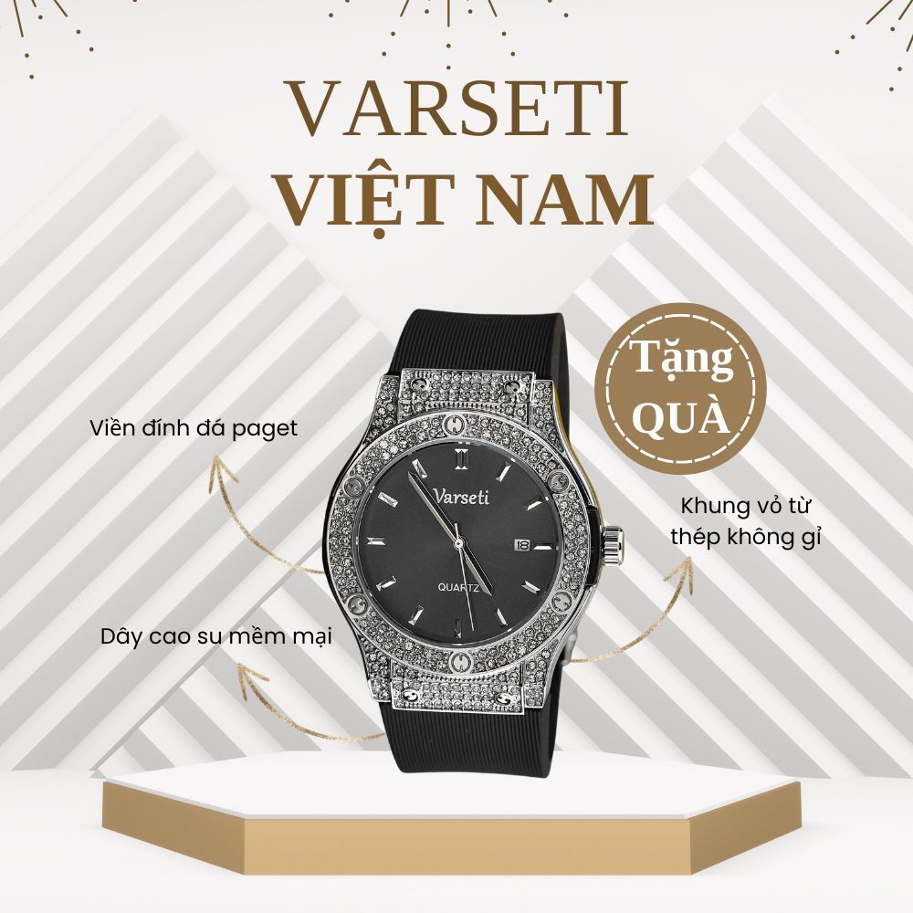Đồng Hồ Nam Varseti Chạy Máy Pin Viền Đính Full Đá Dây Silicon Thơm Mùi Vani Khóa Chữ H