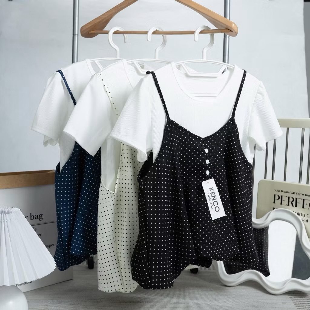 set áo 2 món nữ, áo thun tay phồng mix áo dây chấm bi trendy JUMITO HCOM27218