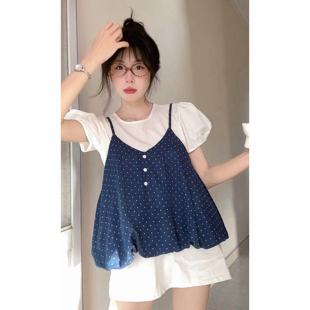 set áo 2 món nữ, áo thun tay phồng mix áo dây chấm bi trendy JUMITO HCOM27218