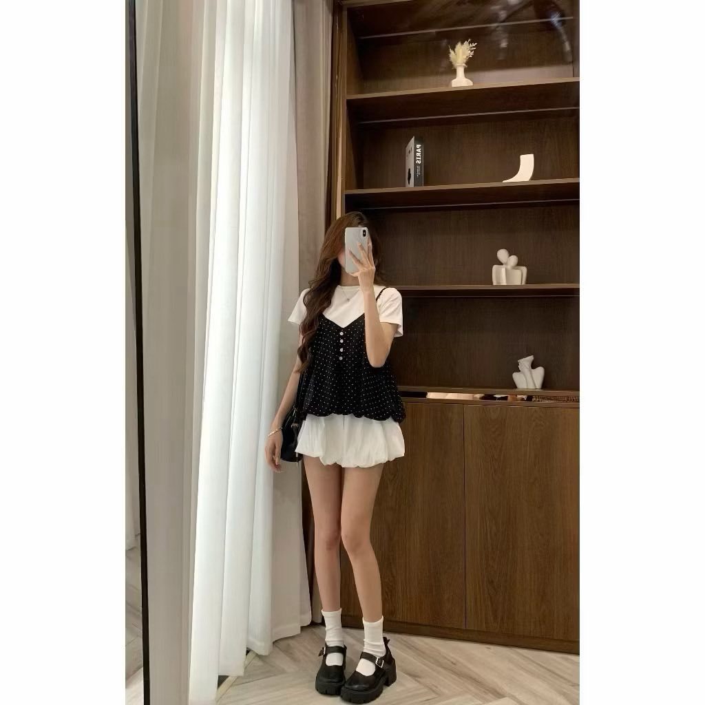 set áo 2 món nữ, áo thun tay phồng mix áo dây chấm bi trendy JUMITO HCOM27218