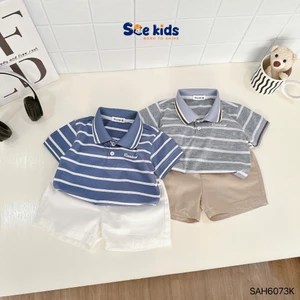 Bộ polo hoạ tiết kẻ ngang áo thun quần kaki bé trai, set polo cộc tay hoạ tiết kẻ cho bé