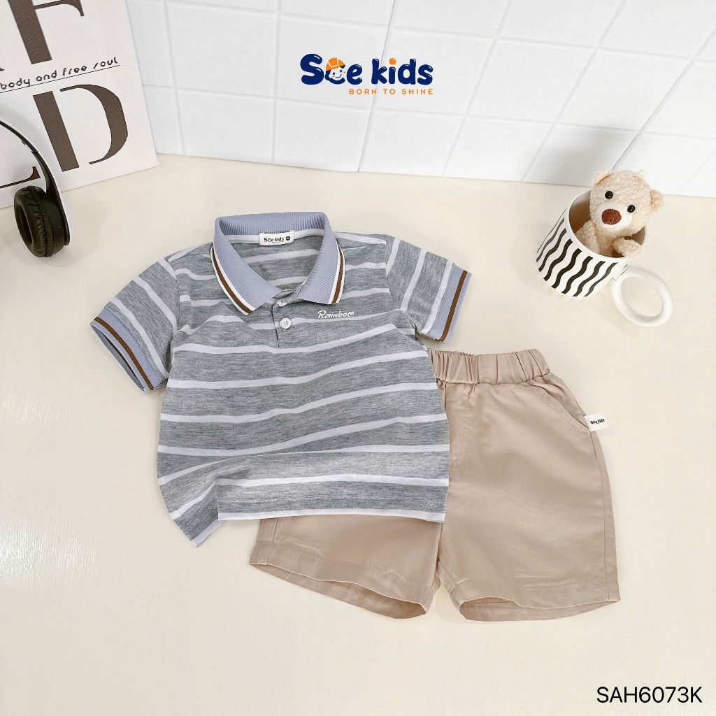 Bộ polo hoạ tiết kẻ ngang áo thun quần kaki bé trai, set polo cộc tay hoạ tiết kẻ cho bé