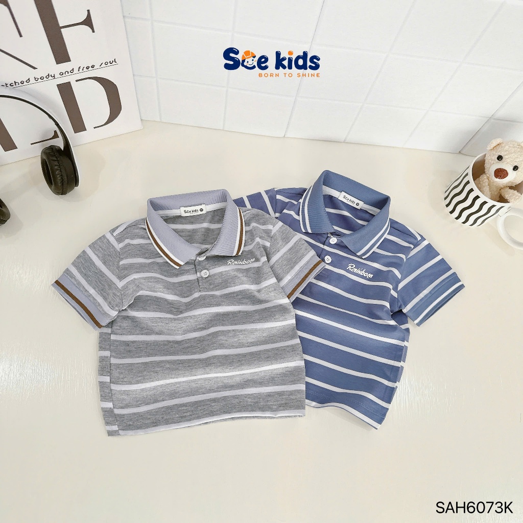 Bộ polo hoạ tiết kẻ ngang áo thun quần kaki bé trai, set polo cộc tay hoạ tiết kẻ cho bé