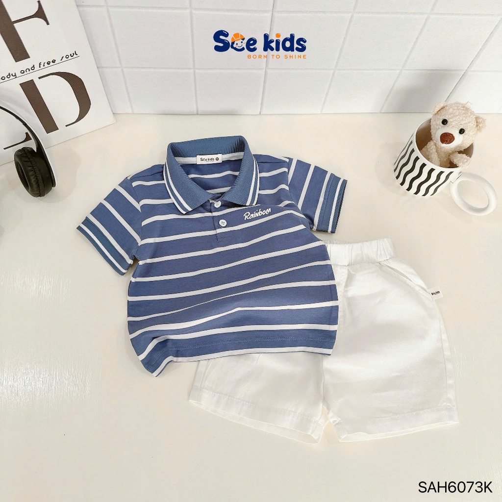 Bộ polo hoạ tiết kẻ ngang áo thun quần kaki bé trai, set polo cộc tay hoạ tiết kẻ cho bé