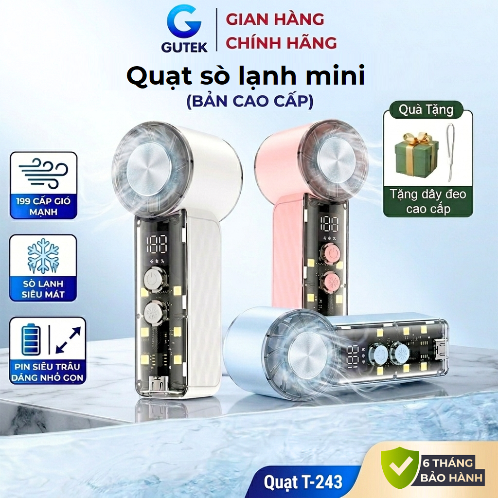 Quạt cầm tay mini sò lạnh pin tích điện dùng lâu, nhiều tốc độ gió mát - Gutek T-243