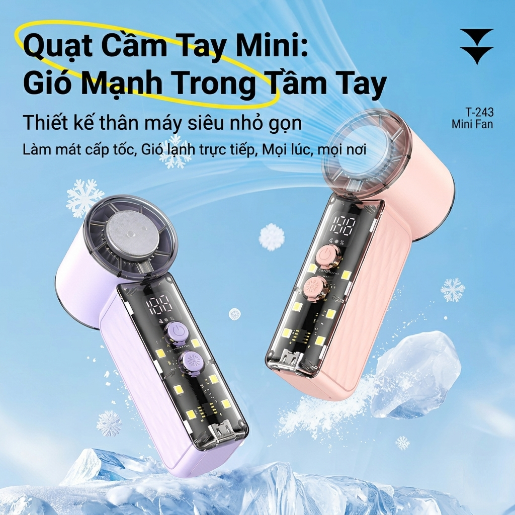 Quạt cầm tay mini sò lạnh pin tích điện dùng lâu, nhiều tốc độ gió mát - Gutek T-243