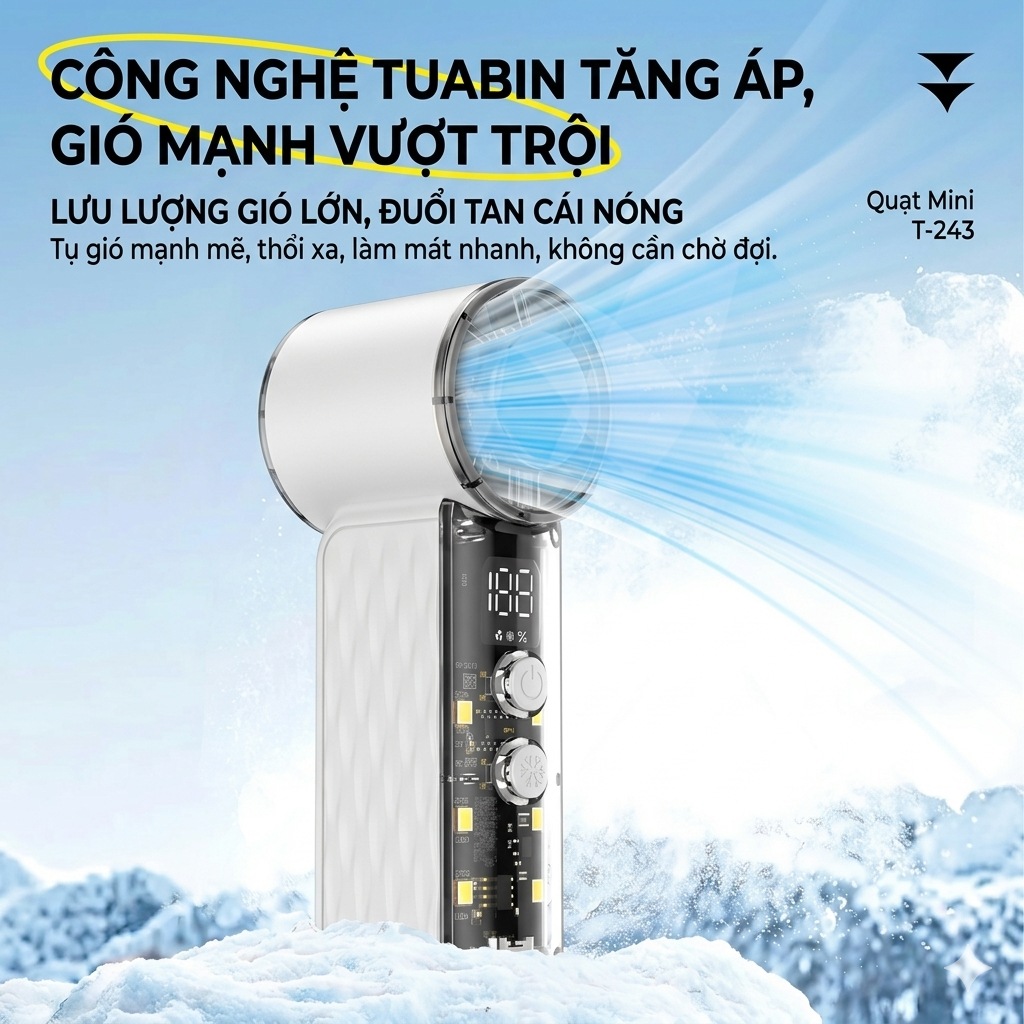 Quạt cầm tay mini sò lạnh pin tích điện dùng lâu, nhiều tốc độ gió mát - Gutek T-243