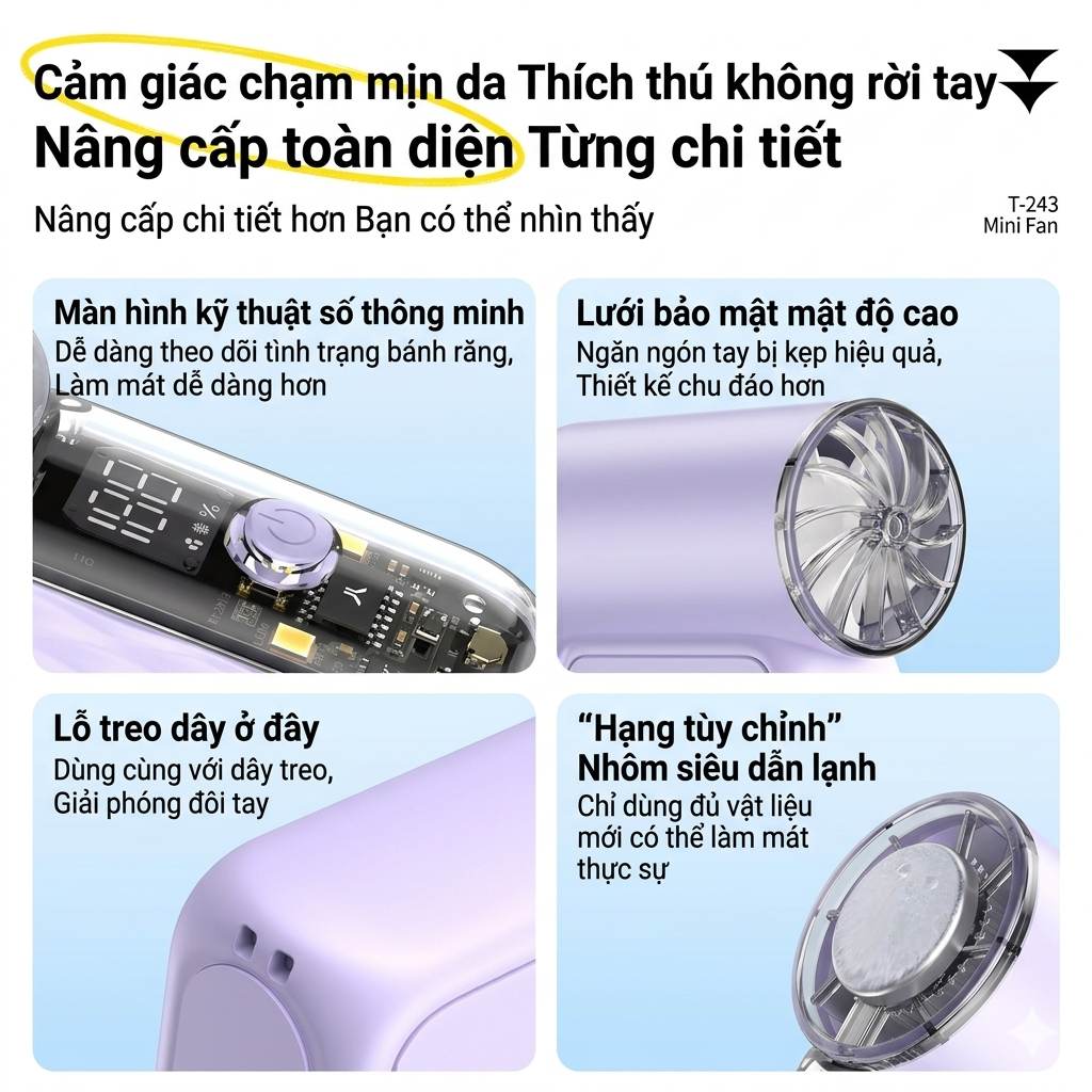 Quạt cầm tay mini sò lạnh pin tích điện dùng lâu, nhiều tốc độ gió mát - Gutek T-243