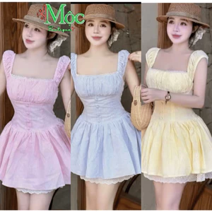 MK_ Đầm váy ngắn, đầm xoè Sọc phối cổ vuông Ren bánh bèo dễ thương có mút ngực kèm quần bảo hộ