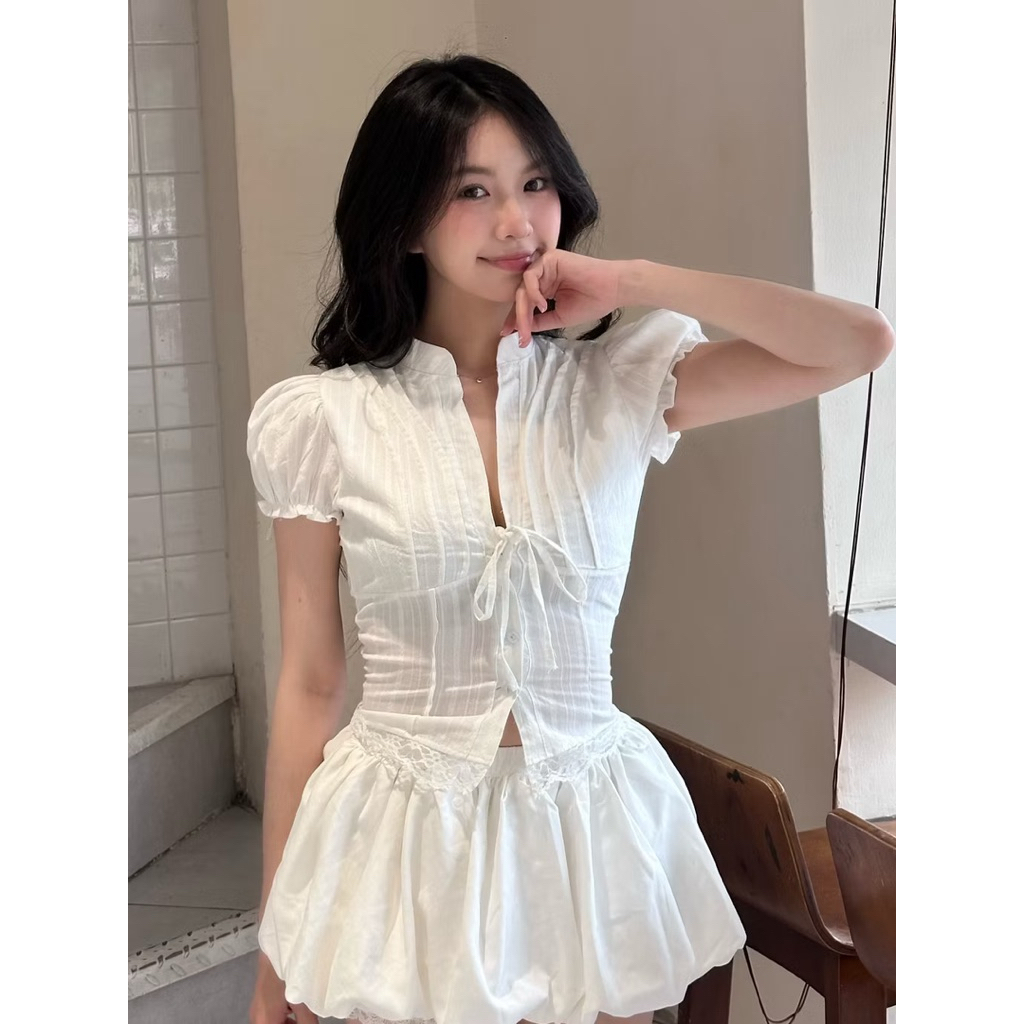 | LYN WEAR | (CHẤT DÀY DẶN) Áo croptop nữ cổ tàu tay bồng cột nơ form ôm chất xước mát mùa hè