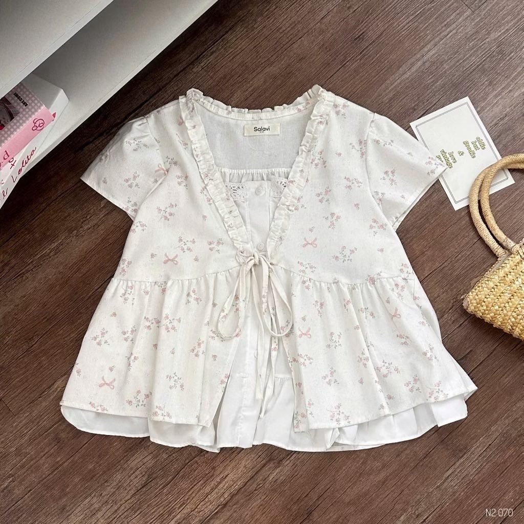 áo kiểu nữ, áo babydoll hoa nhí tay ngắn dáng xòe nhẹ phong cách tiểu thư JUMITO HCOM27219