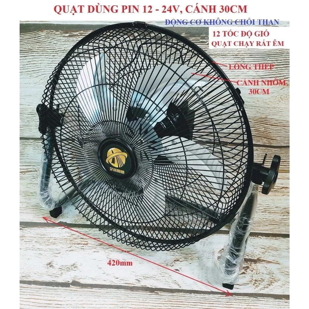 Quạt Tích Điện Năng Lượng Mặt Trời 12 Inch Pin 12H Động Cơ Không Chổi Than (Kèm Tấm Pin NLMT)