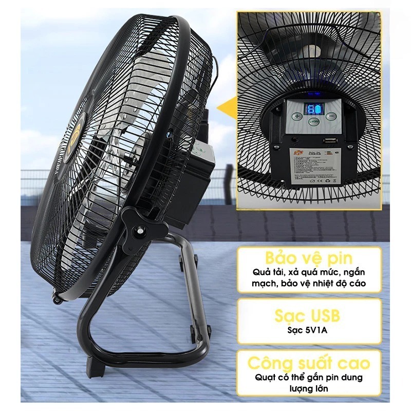Quạt Tích Điện Năng Lượng Mặt Trời 12 Inch Pin 12H Động Cơ Không Chổi Than (Kèm Tấm Pin NLMT)