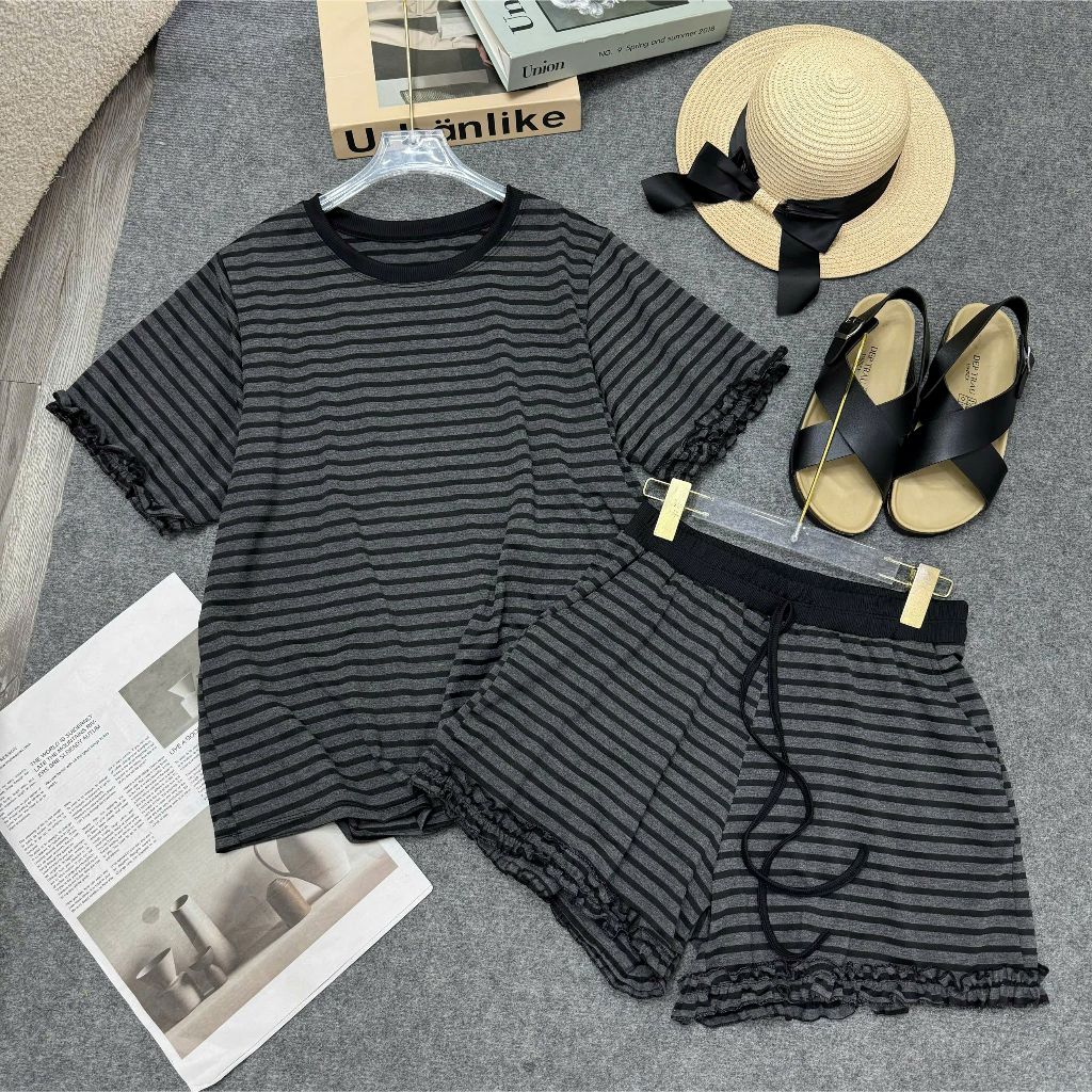 Set bộ bigsize nữ sọc form rộng áo thun quần short mặc thoải mái che khuyết điểm 50-92kg SET868 Q577