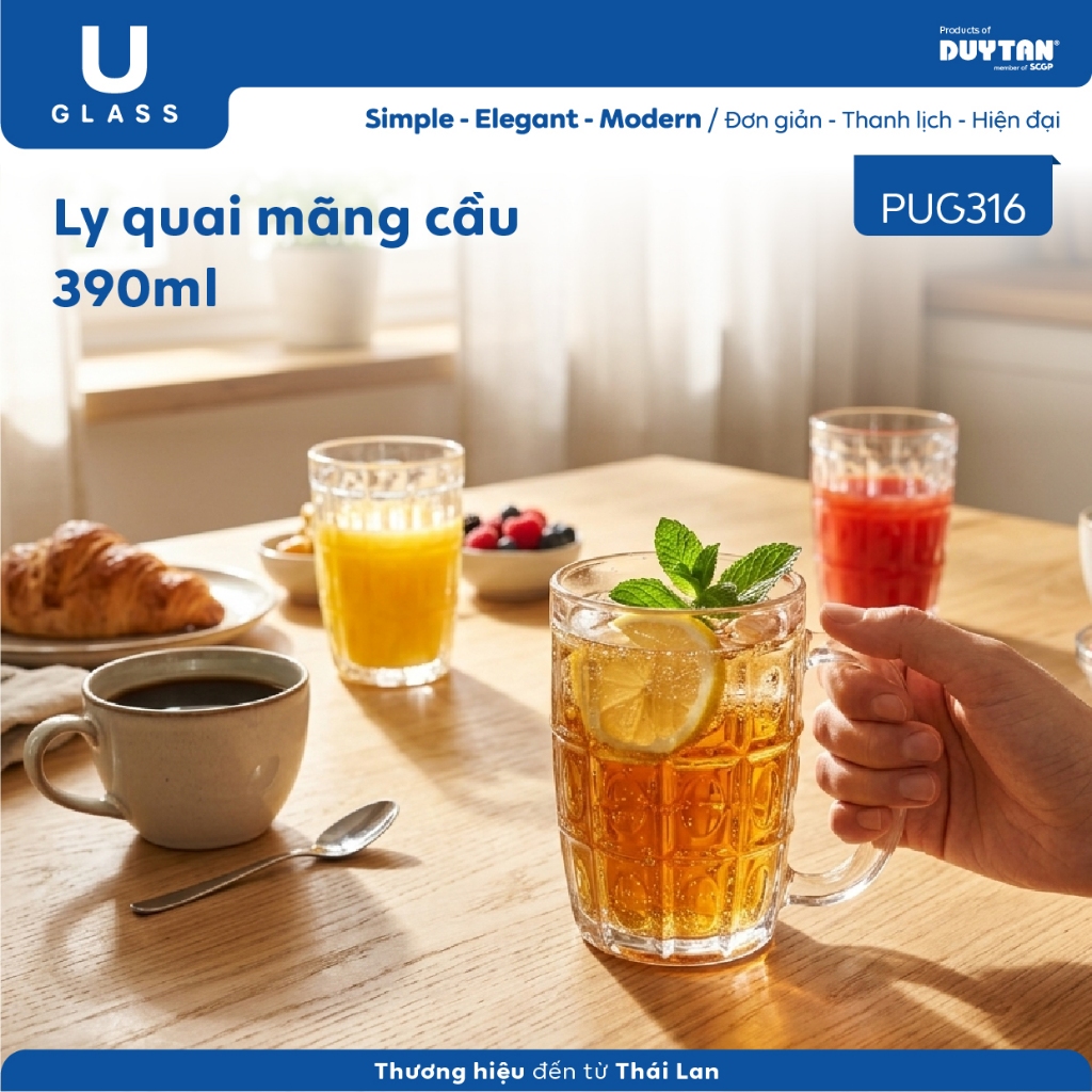 Bộ 6 Ly cốc thủy tinh U Glass 390ml kiểu quai mãng cầu - PUG316, thủy tinh cao cấp