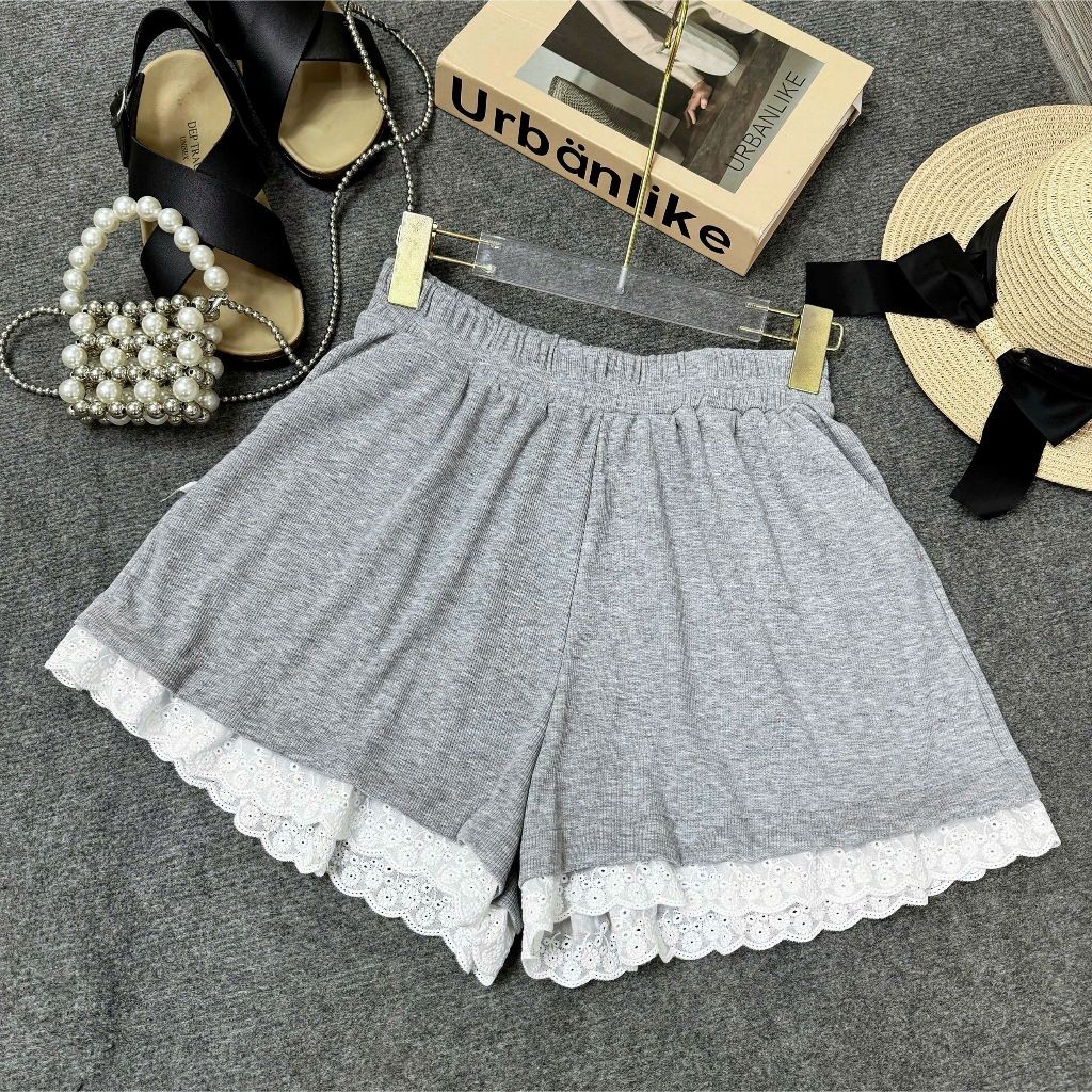 Quần short bigsize nữ chất cotton sọc phối ren,cạp chun thoải mái, form suông rộng 55-95kg Q578-Q579