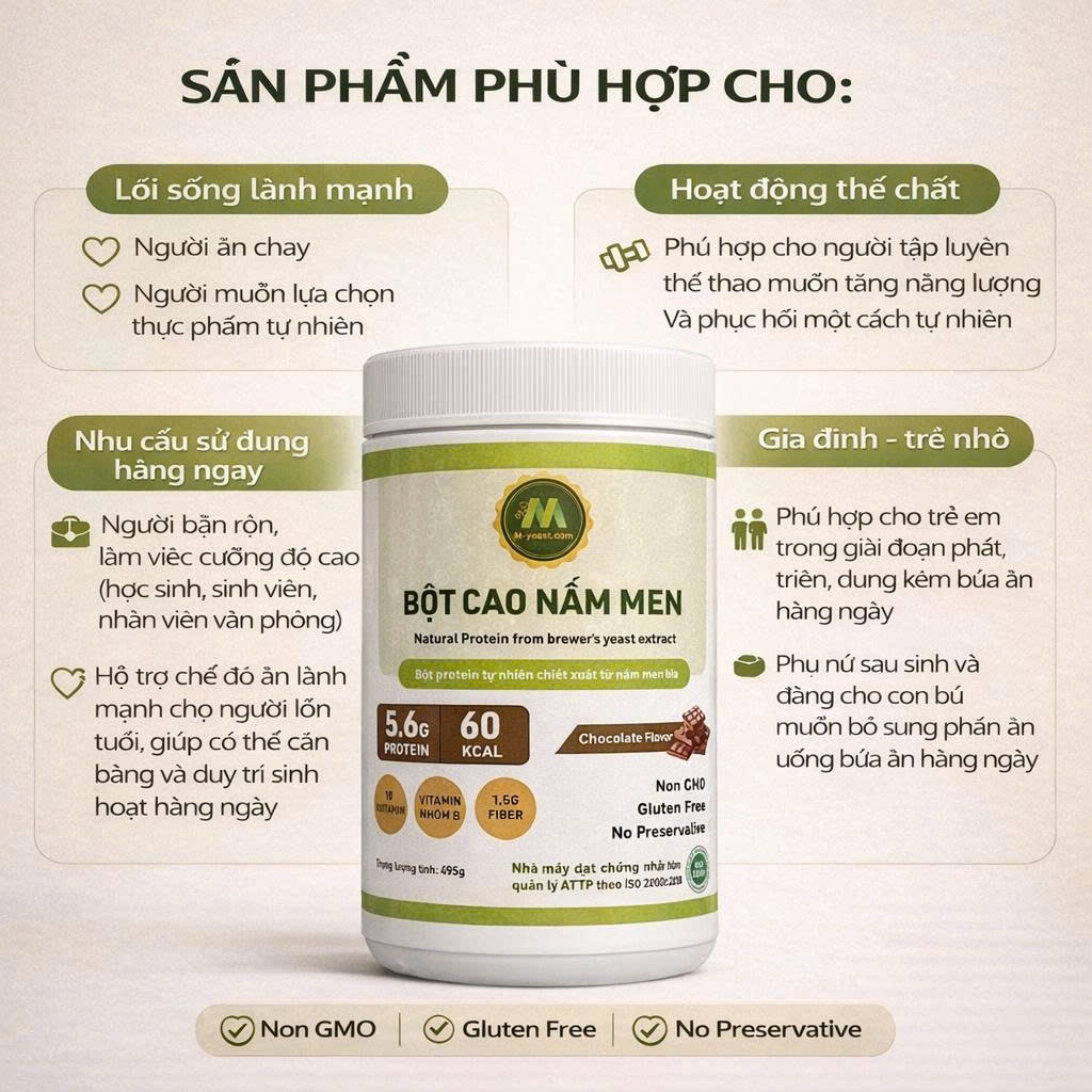 [MUA 1 TẶNG 4] Bột Cao Nấm Men Bia Vị Chocolate – Protein tăng năng lượng, Vitamin Nhóm B (B1, B2, B3, B5, B6, B9)