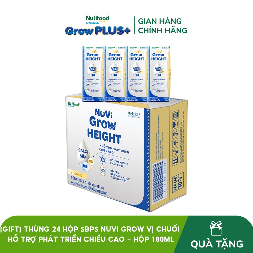 [GIFT] Thùng 24 hộp SBPS Nuvi Grow vị chuối 1+ hỗ trợ phát triển chiều cao hộp 180ml