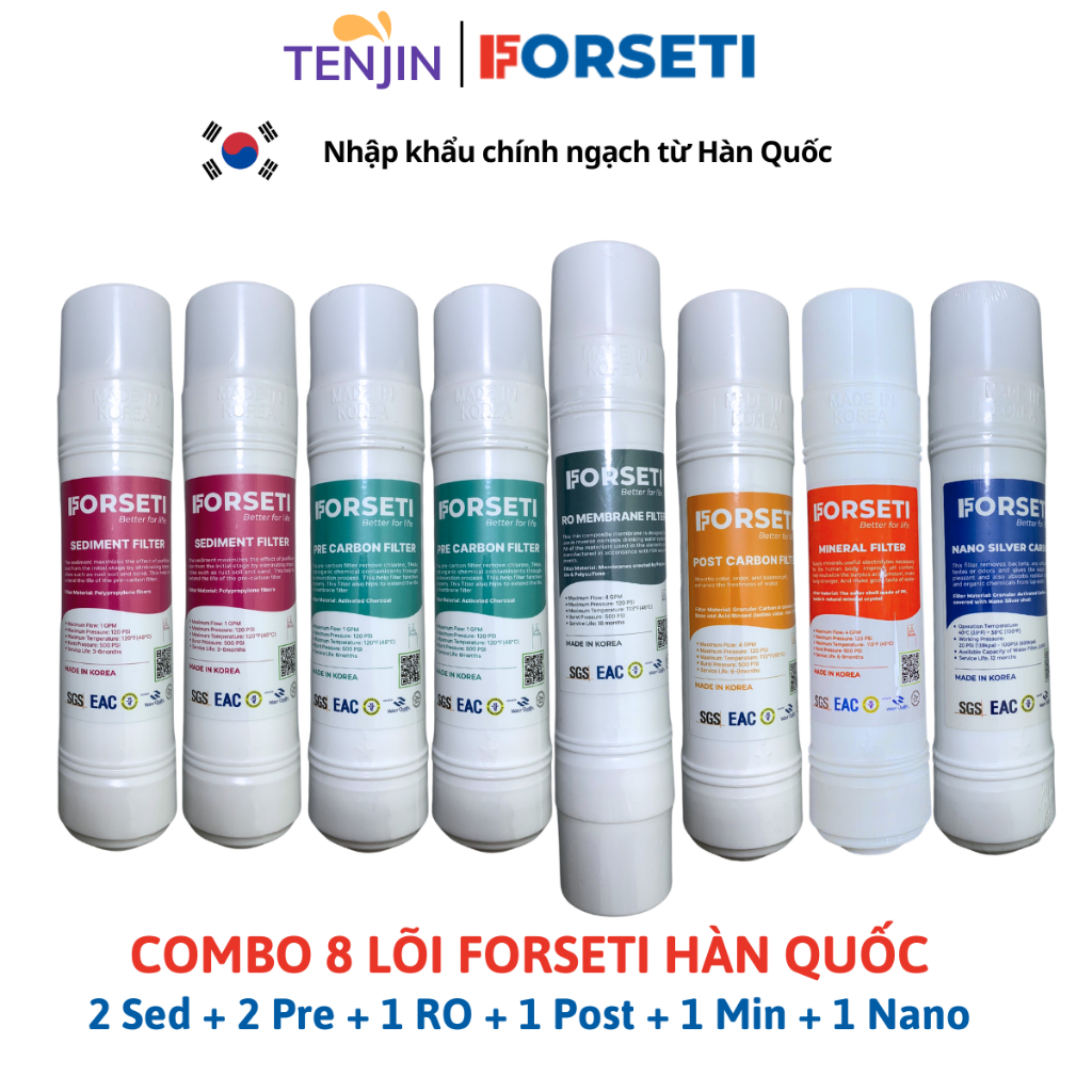 Combo 8 Lõi Lọc FORSETI Gồm 2 Sediment + 2 Pre Carbon + 1 RO + 1 Post Carbon + 1 Infrared + 1 Nano Model WPK-888
