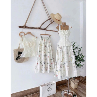 Set nữ croptop cổ vuông tay phồng | chân váy tầng xòe | outfit đi chơi cực xinh