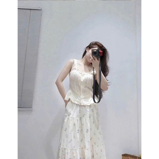 Set nữ croptop cổ vuông tay phồng | chân váy tầng xòe | outfit đi chơi cực xinh