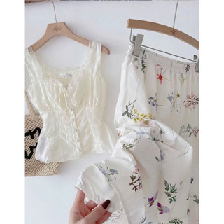 Set nữ croptop cổ vuông tay phồng | chân váy tầng xòe | outfit đi chơi cực xinh