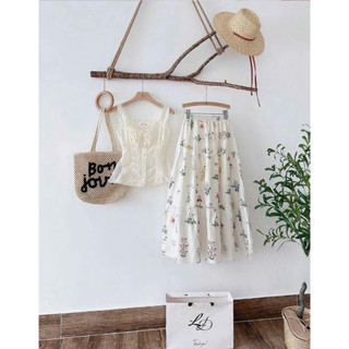 Set nữ croptop cổ vuông tay phồng | chân váy tầng xòe | outfit đi chơi cực xinh