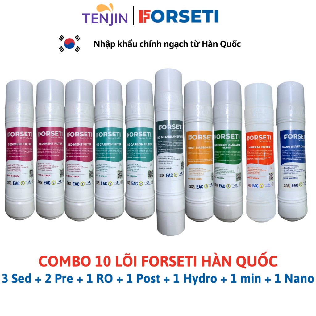 Combo 10 Lõi Lọc Forseti Gồm 3 Sed 2 Pre,1 Màng RO,1 Post ,1 Hydrogen ,1 Mineral, 1 Nano Model WPK-G61, WPK-G62, G60S