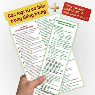 Bộ 2 tờ gấp các loại từ cơ bản trong tiếng trung +Tổng hợp ngữ pháp hsk1-4 biên soạn theo 3.0