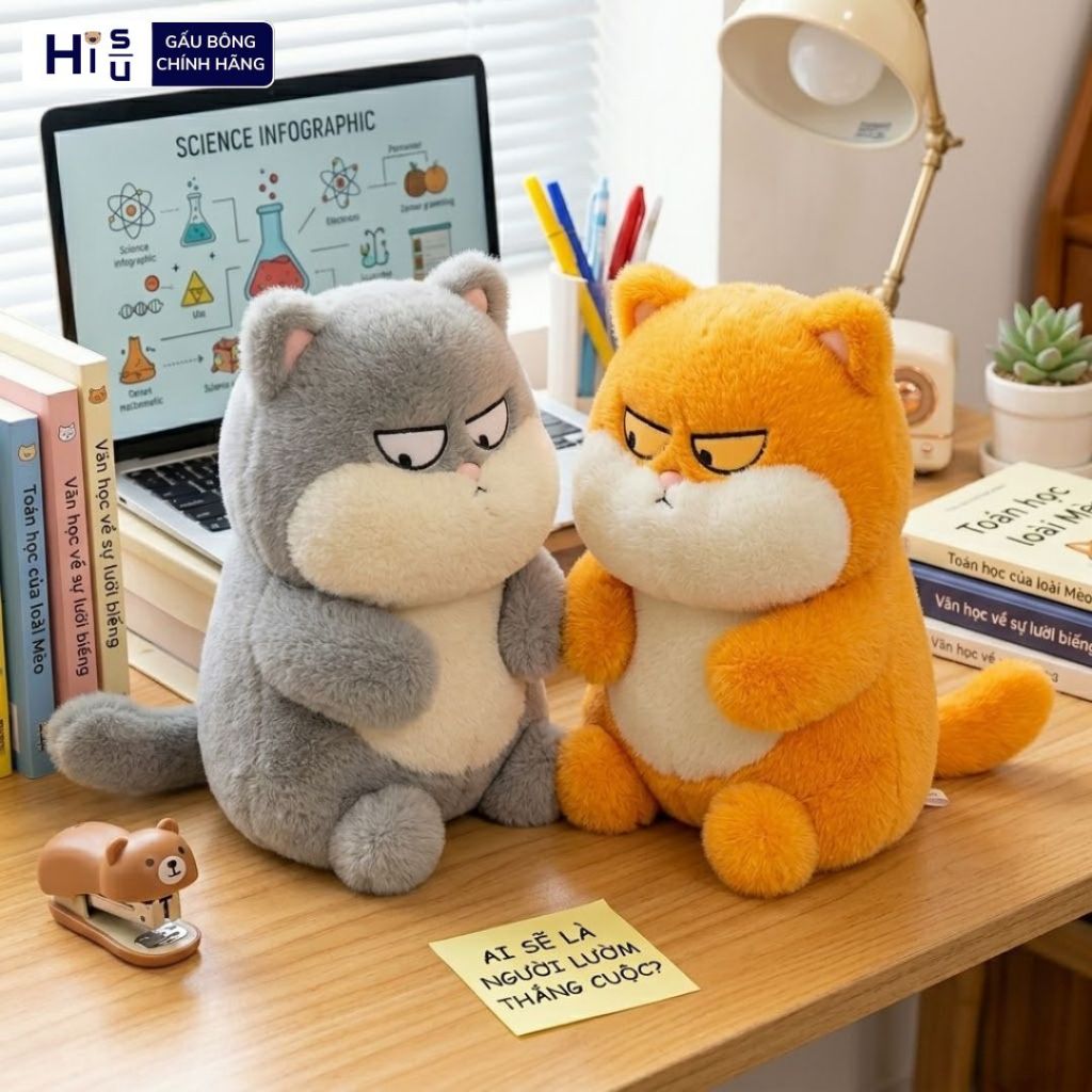 Gấu Bông Mèo Quạu Mắt Lườm Vô Tri Hài Hước ,Thú Bông Mèo Béo Mập Siêu Mềm Mịn Đủ Màu Xám, Đen, Cam