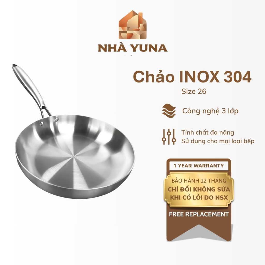 Chảo INOX Cao Cấp Size 24/26cm, Công Nghệ 3 Lớp Liền Đáy, Inox 304 An Toàn, Bảo Hành 12 Tháng
