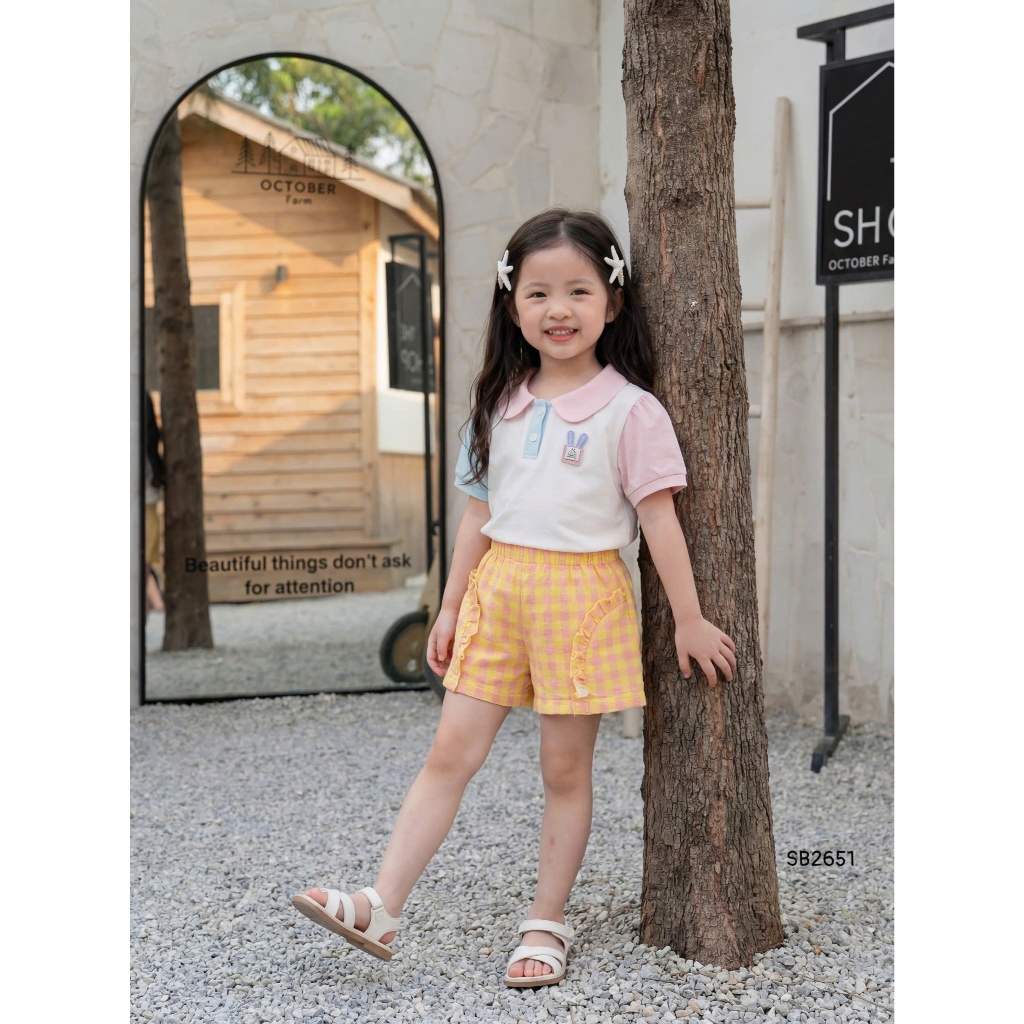 Set bộ cộc tay cổ sen bé gái 1-6 tuổi Miniumbaby đính hình điệu đà chất cotton mềm thoáng mát SB2651