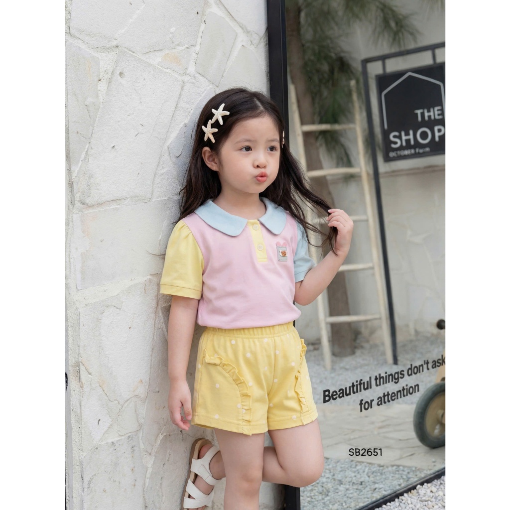 Set bộ cộc tay cổ sen bé gái 1-6 tuổi Miniumbaby đính hình điệu đà chất cotton mềm thoáng mát SB2651