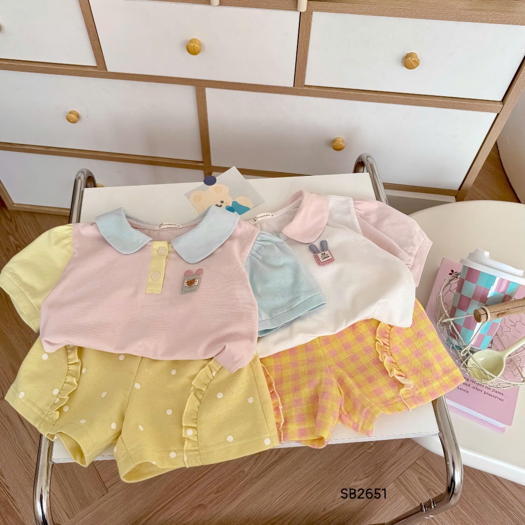Set bộ cộc tay cổ sen bé gái 1-6 tuổi Miniumbaby đính hình điệu đà chất cotton mềm thoáng mát SB2651