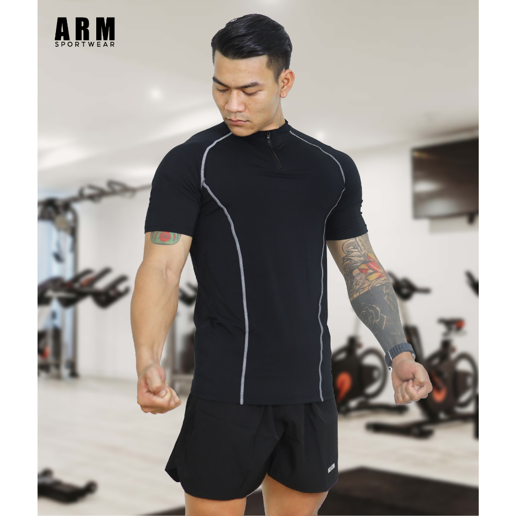 Áo Thể Thao Nam Cộc Tay ARM Tập Gym, Chạy Bộ, Áo cổ trụ kéo khóa, thoáng khí co giãn 4 chiều