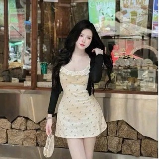 Set váy 2 dây họa tiết nơ | phối cardigan cổ bèo | mặc lên tiểu thư cực xinh