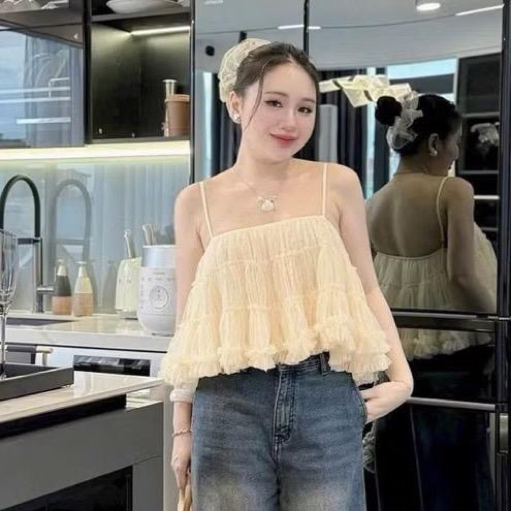 LM1- Áo lưới 2 dây babydoll thiết kế chât voan lưới phồng xòe 2 lớp (40-60kg)